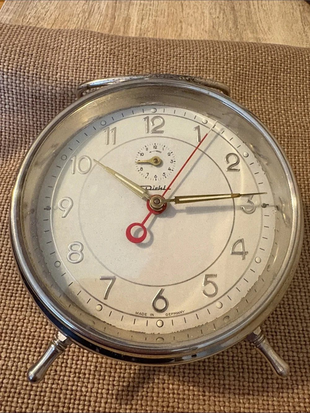 Vintage Diehl White and Silver Alarm Clock